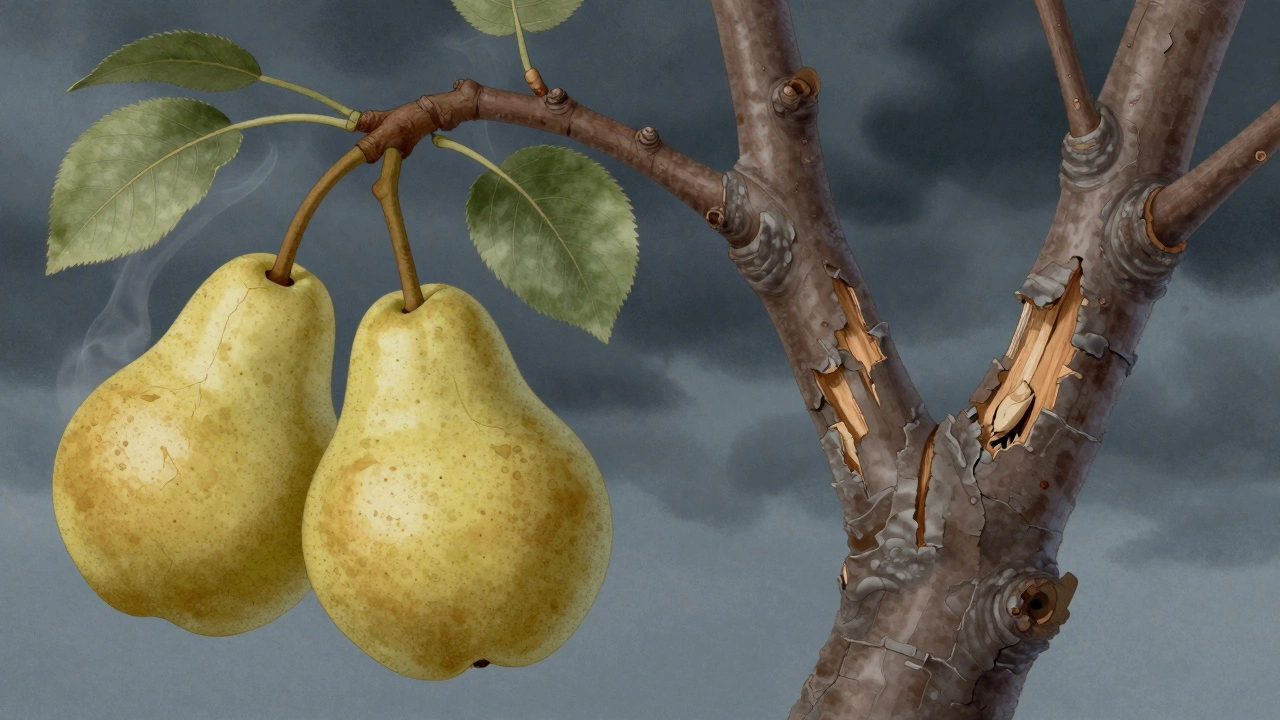 Сравнение груши с чистыми срезами и абрикоса с повреждённой корой после зимней обрезки на морозе.