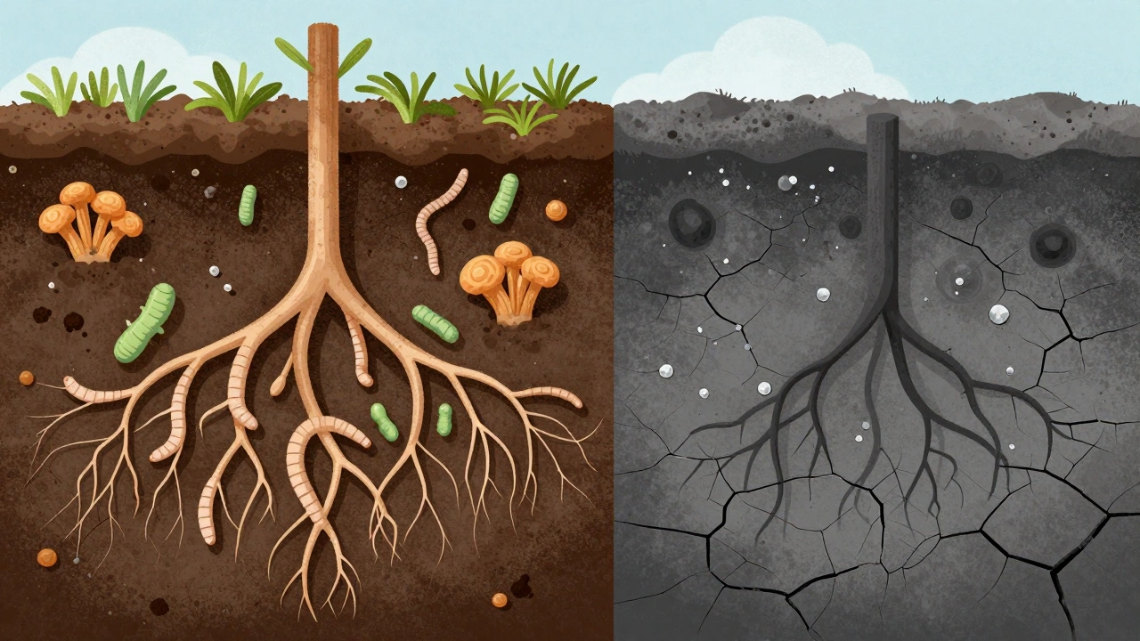 Сравнение живой почвы с грибами и червями и мертвой, треснувшей почвы после химии.
