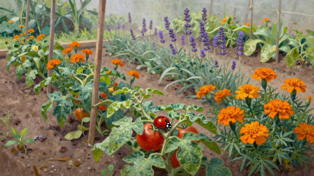 Томаты на грядке с цветами для привлечения полезных насекомых